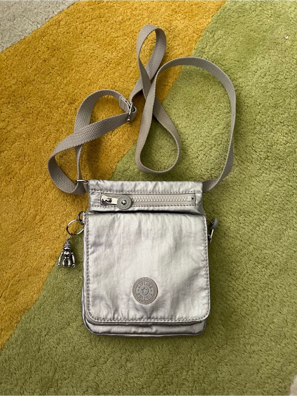 Kipling Eldorado Mini Crossbody Silver Bright Metallic Bag Monkey charm